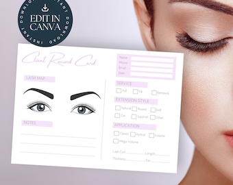Client Record Card | Eyelash Extensions | Edit In Canva | Instant Download | Lash Map | Lash Extensions| Soft Lavender LT002