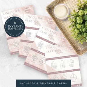May include: Four printable cards with a pink and white watercolor background. Each card has a different cake cutting guide for 6, 8, and 5 inch square cakes and a 5 inch round cake. The cards include instructions for cutting the cake into 6, 12, 24, 36, and 64 servings. The cards also include the text "Cake Cutting Guide" and "Your Logo".