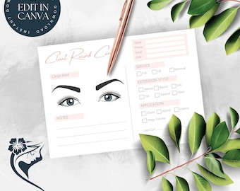 Client Record Card | Eyelash Extensions | Edit In Canva | Instant Download | Lash Map | Lash Extensions| Blush Pink LT001