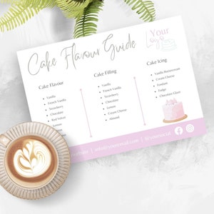 May include: A pink and white guide with the text "Cake Flavour Guide" and a list of cake flavors, fillings, and icings. The guide also includes a small illustration of a cake with pink frosting and a chocolate glaze.