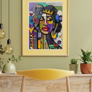 May include: A framed abstract painting of a woman with a crown, colorful geometric shapes, and a guitar. The painting is in a yellow frame and is hanging on a green wall.