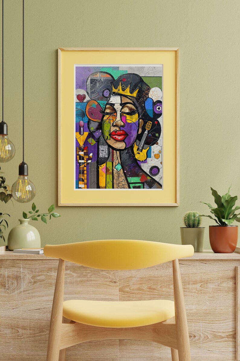 May include: A framed abstract painting of a woman with a crown, colorful geometric shapes, and a guitar. The painting is in a yellow frame and is hanging on a green wall.