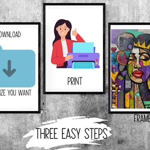 May include: Three steps to create a custom print: download, print, and frame. The image shows a blue folder with a download arrow, a woman printing a document, and a colorful abstract painting in a frame.