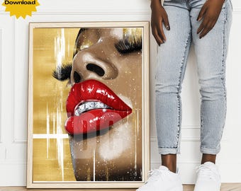 Glam Red Lips Diamond Grillz Art Print: Black Girl Luxury (Digital Download)