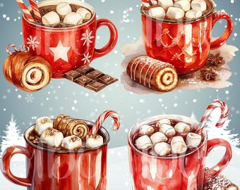 Christmas themed Festive Cocoa Clipart: Watercolor Christmas Mugs (Digital Download)