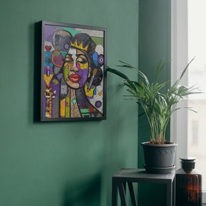 May include: A framed abstract portrait of a woman with a crown, colorful geometric shapes, and a guitar. The background is a green wall.