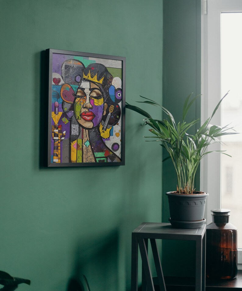 May include: A framed abstract portrait of a woman with a crown, colorful geometric shapes, and a guitar. The background is a green wall.