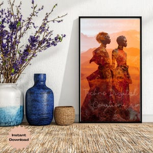 Afrocentric Wall Art Download – Embers of Her Digital Art, Bold Afro-Futuristic Double Exposure, Modern African Fashion Decor JPG & PDF
