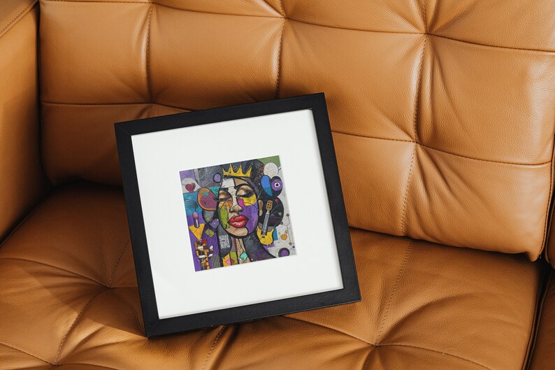 May include: A framed abstract painting of a woman's face with a crown on her head. The painting is done in a colorful style with a mix of geometric shapes and textures.