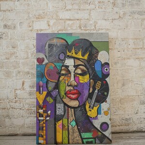 May include: A colorful abstract painting of a woman's face with a crown on her head. The painting is done in a style that is reminiscent of cubism, with geometric shapes and bold colors. The woman's face is surrounded by a variety of other objects, including a guitar, a heart, and a star.