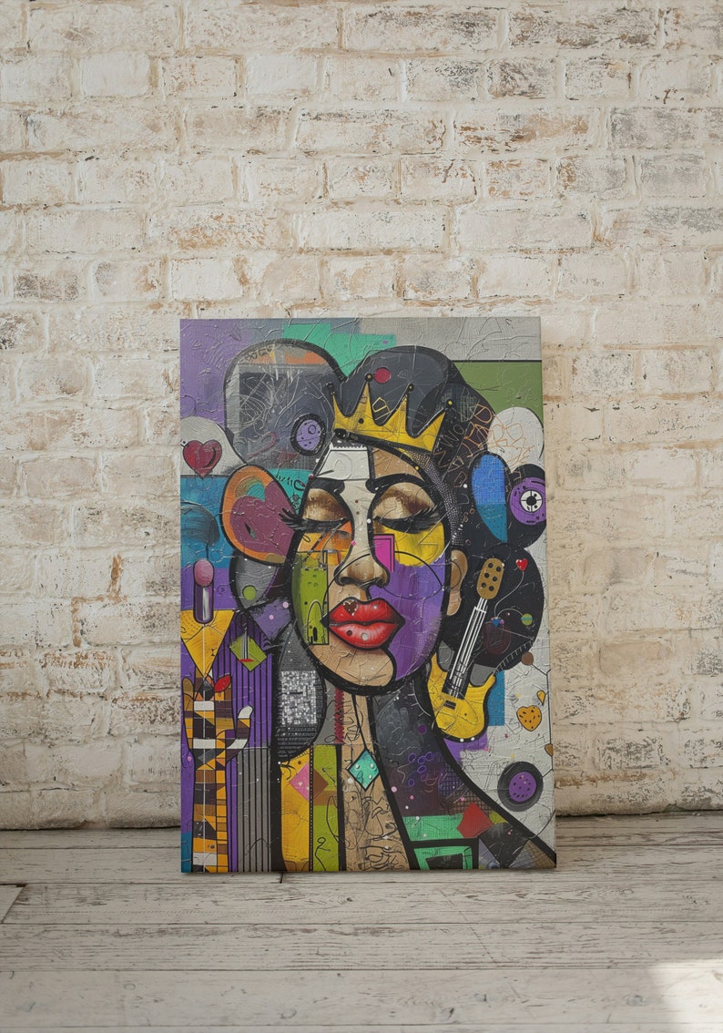 May include: A colorful abstract painting of a woman's face with a crown on her head. The painting is done in a style that is reminiscent of cubism, with geometric shapes and bold colors. The woman's face is surrounded by a variety of other objects, including a guitar, a heart, and a star.