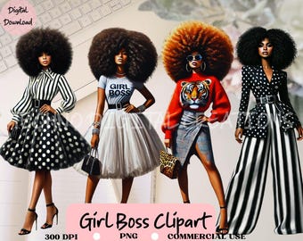 May include: Four digital illustrations of women with afro hairstyles wearing different outfits. The women are wearing black and white polka dot skirts, a white tulle skirt, a gray skirt, and black and white striped pants. The women are all wearing different accessories, including sunglasses, a tiger print sweater, and a black purse. The text "Girl Boss Clipart" is at the bottom of the image.