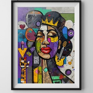 May include: Abstract painting of a woman's face with a crown, colorful geometric shapes, and a guitar. The background is a mix of white, gray, and black.