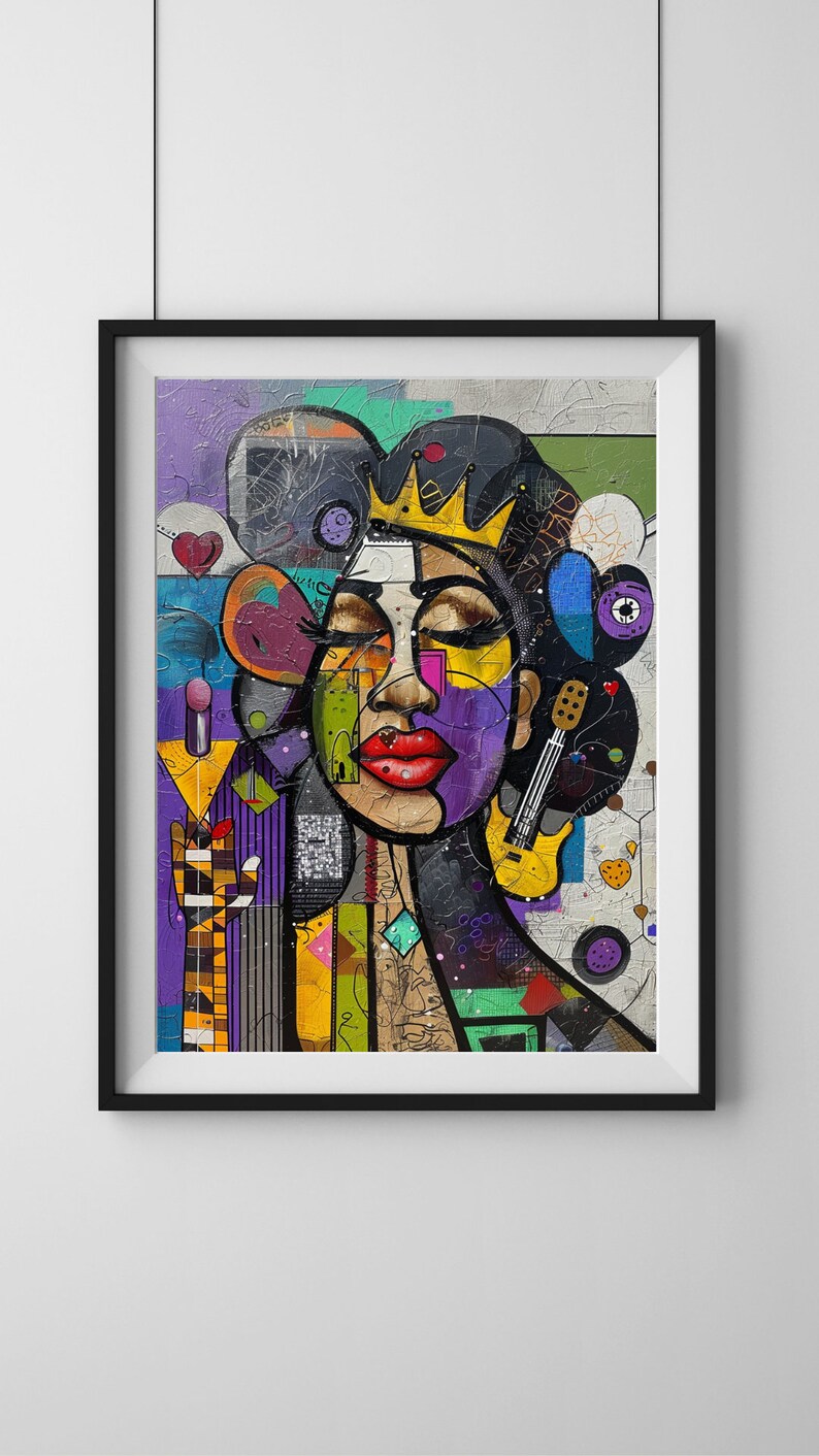 May include: Abstract painting of a woman's face with a crown, colorful geometric shapes, and a guitar. The background is a mix of white, gray, and black.