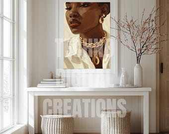 May include: A digital art print of a woman with dark skin wearing a white shirt and gold jewelry. The woman is looking to the side and has a serious expression. The background is a white wall.