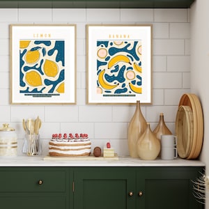 Set of two Fruit Whimsy Art Prints | Modern Kitchen Decor | Life is like Banana & Lemon Quotes Wall Art | Instant Download | Foodie Gift
