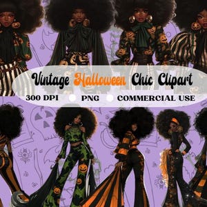 Afrocentric Black Halloween Woman Clipart | Black Girl Magic Clipart, Halloween Clipart | 8 set PNG Halloween Clipart bundle |