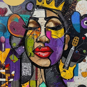 May include: A colorful abstract painting of a woman with a crown on her head. The woman's face is made up of different geometric shapes and colors. The background is also abstract and features a guitar.