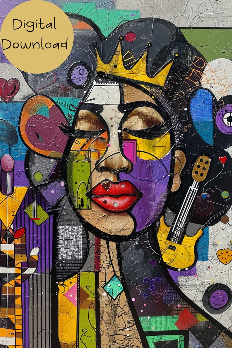 May include: A colorful abstract painting of a woman with a crown on her head. The woman's face is made up of different geometric shapes and colors. The background is also abstract and features a guitar.