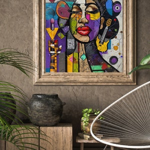May include: A framed abstract painting of a woman's face with a crown, colorful geometric shapes, and a guitar. The painting is set against a brown wall with a potted plant and a chair.