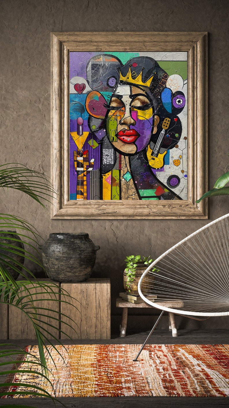 May include: A framed abstract painting of a woman's face with a crown, colorful geometric shapes, and a guitar. The painting is set against a brown wall with a potted plant and a chair.