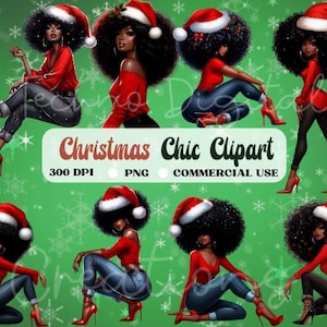 Clipart de Navidad de mujer negra de Santa Claus / Clipart de Navidad / Clipart de magia de niña negra, Clipart de Navidad / Clipart de Navidad PNG / Navidad afro