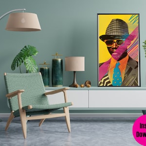 May include: A colorful abstract portrait of a person wearing a black and white fedora, sunglasses, and a suit. The background is a yellow, pink, and blue geometric pattern.