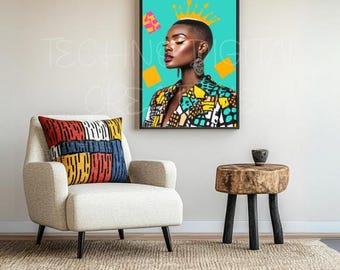 May include: A framed print of a woman wearing a colorful patterned jacket and a gold crown. The background is a turquoise blue color.