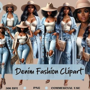 Stijlvolle denim diva clipartbundel – chique mode digitale download