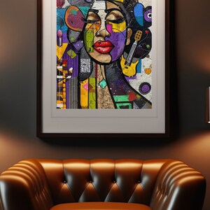 May include: A colorful abstract painting of a woman's face with a crown on her head. The painting is done in a style that is reminiscent of graffiti art. The woman's face is surrounded by geometric shapes and patterns.