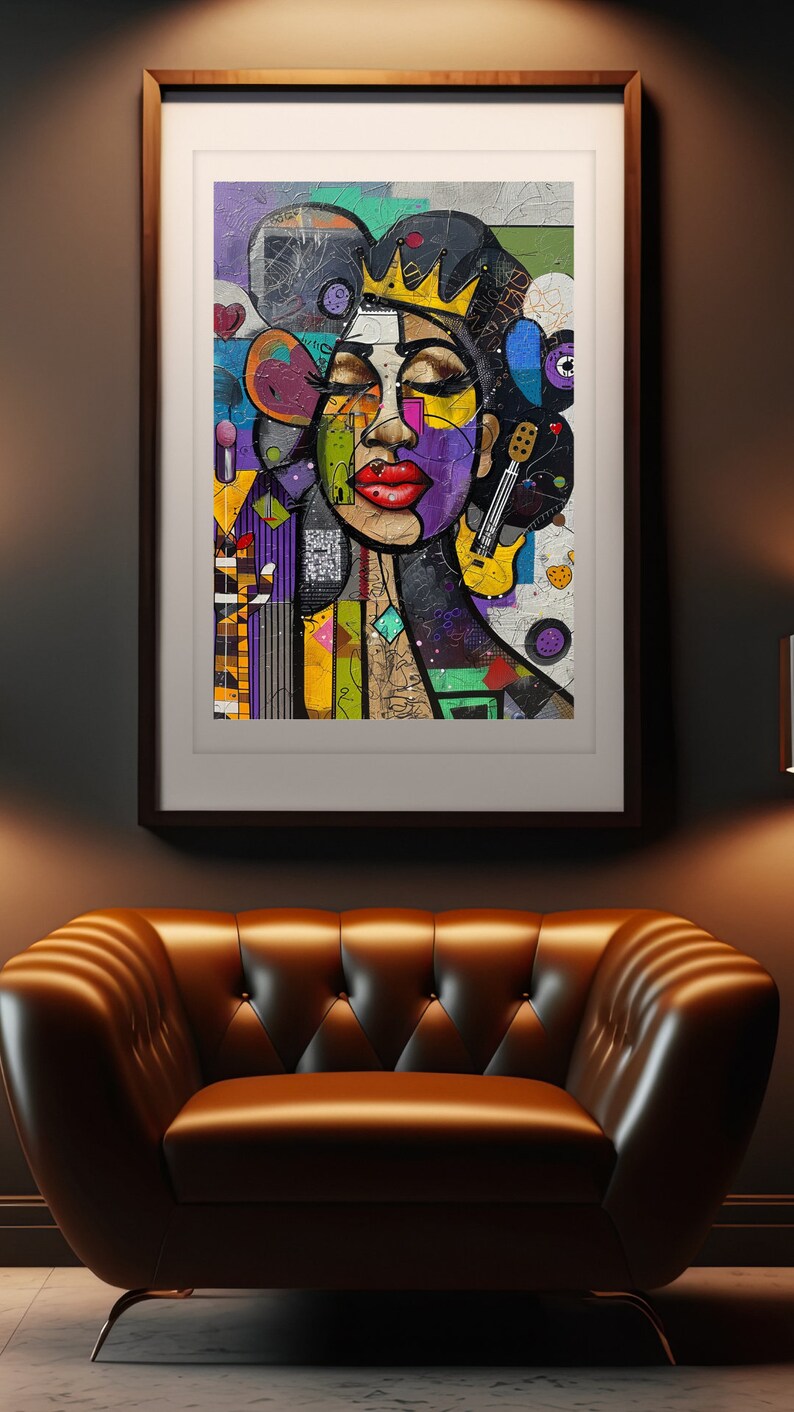 May include: A colorful abstract painting of a woman's face with a crown on her head. The painting is done in a style that is reminiscent of graffiti art. The woman's face is surrounded by geometric shapes and patterns.