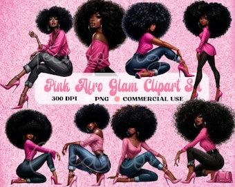 Pink Afro Glam Clipart, Melanin Woman PNG (Digital Download)
