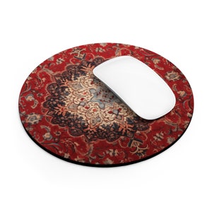 Vintage Vermilion | 8&quot; Round Mouse Pad | Red Desk Decor | Cozy | Rug Mousepad | Dorm Decor | Unique Mouse Pad | Home & Office | Deskoration