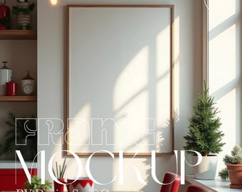 Christmas frame mockup, DIN A poster mockup, PSD template for Photoshop, Christmas decoration with holly, art frame, Christmas gift