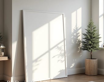 Vertical Christmas Frame Mockup with Potted Tree | Modern Minimalist Wall Art PSD