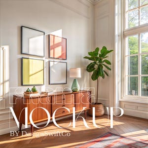 May include: A room interior with a wooden mid-century modern style cabinet, a green lamp, and a potted plant. Four framed art pieces hang on the wall. The text "FRAME MOCKUP BY DesignSwiftCo" is overlaid on the image.