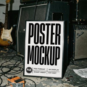 Rock Studio Frame Mockup, Black A4 Poster Mockup, Music Studio Wall Art Mockup, PSD Smart Object, Guitar Amp Styled Stock