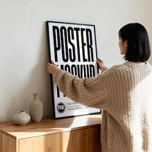 Black Frame Mockup with Woman, Japandi Style, 4K PSD Smart Object, Sideboard Poster Mockup, Scandinavian Interior Art Display, Vertical Art