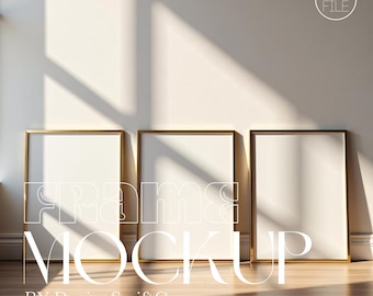 Three Gold Frame Mockup, Set of Three Frame Mockups, Triple Mockup Template, Wall Art Display Mockup, Gold Frame Bundle, Editable PSD Frames