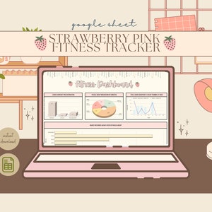 May include: A pink laptop computer with a Google Sheet spreadsheet open on the screen. The spreadsheet is titled "Strawberry Pink Fitness Tracker" and has a fitness dashboard with charts and graphs. The laptop is on a brown table with a pink lamp.