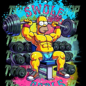 May include: A cartoon illustration of a yellow character with a muscular physique lifting weights. The character is wearing blue shorts and sneakers. The image has a bright, colorful background with the words "SWOLE GOALS" in pink and blue letters.