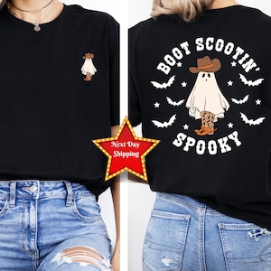 Boot Scootin&#39; Spooky Shirt with ,Front and Back Halloween Party Tee,Cowboy Ghost,Western Halloween Shirt,Cute Spooky Graphic,Halloween Gift