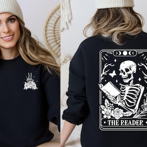 The Reader Tarot Card Front And Back Sweatshirt, Skeleton Reading Sweater, Book Lover Gift For Women, Book Lover Hoodie, Tarot Card Hoodie