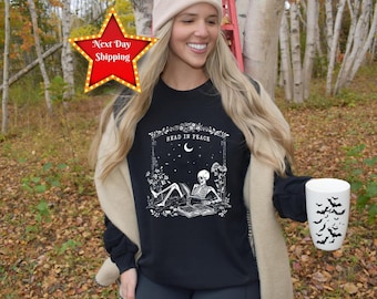 Read in Peace Sweatshirt, Skeleton Reading Book Lover Hoodie, Book Lover Halloween Sweatshirt, Bookish Halloween Shirt for Spooky Season