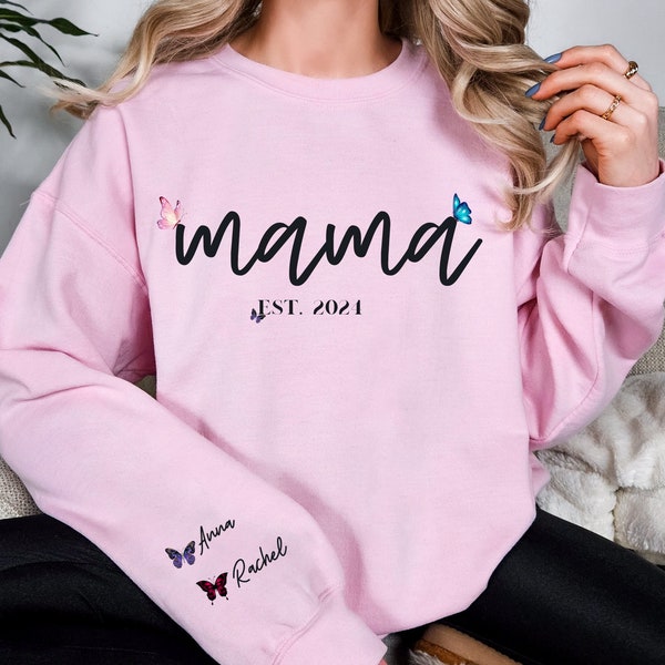 Custom Mama Hoodie with Kids Names on Sleeve, Personalized New Mom Hoodie, Trendy Mothers Day Hoodie,Gift for Mama,butterfly shirt