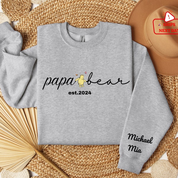 Personalized Papa Bear Winnie The Pooh Sweatshirt, Daddy Est with Kid Name on Sleeve, Personalized Dad Sweatshirt, Gift for Father's Day