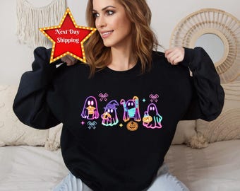 Coquette Halloween Neon Sweater,Halloween Ghost Neon SweatshirtHalloween Ghost Hoodie, Halloween Party Sweater,Coquette Bow Girls Sweatshirt