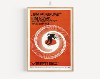 Afiche de la película Vértigo, 1958 / Afiche icónico de la película, arte cinematográfico clásico, Alfred Hitchcock, arte descargable
