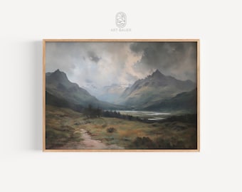 May include: A framed painting of a mountain landscape with a river winding through the valley. The sky is cloudy and the mountains are green and brown. The painting is in a wooden frame.
