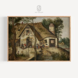 May include: A painting depicting a rustic farmhouse with a thatched roof and a group of people gathered outside. The scene is set in a rural landscape with trees and a small stream. The painting is done in a realistic style with warm colors.